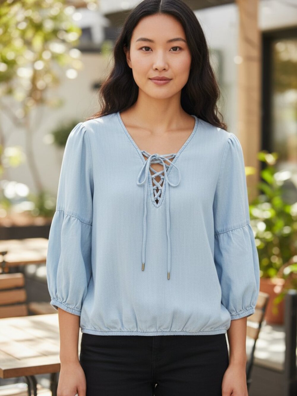 White House Black Market Light Blue Chambray Lace-Up Blouse | Medium | Bell Slee